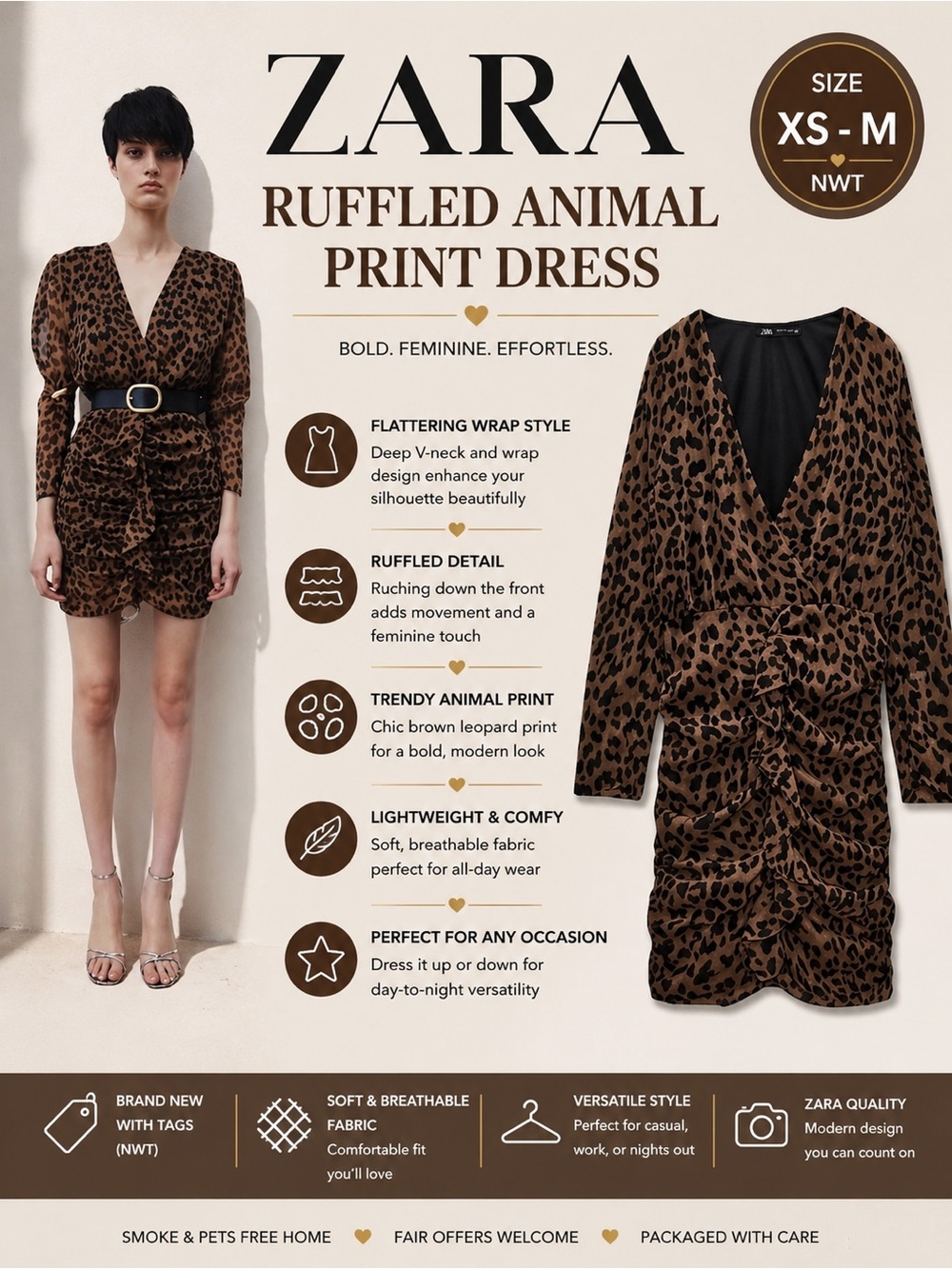 ZARA Brown Leopard Print Ruffle Mini Dress Wrap V Neck Long Sleeve NWT XS M
